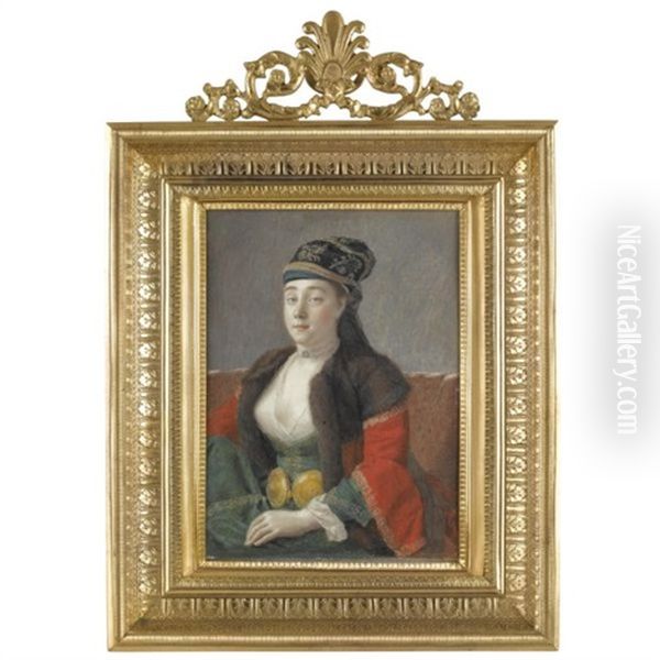 Portrait Of A Lady Of Constantinople Seated On A Red Divan Oil Painting by Etienne Liotard