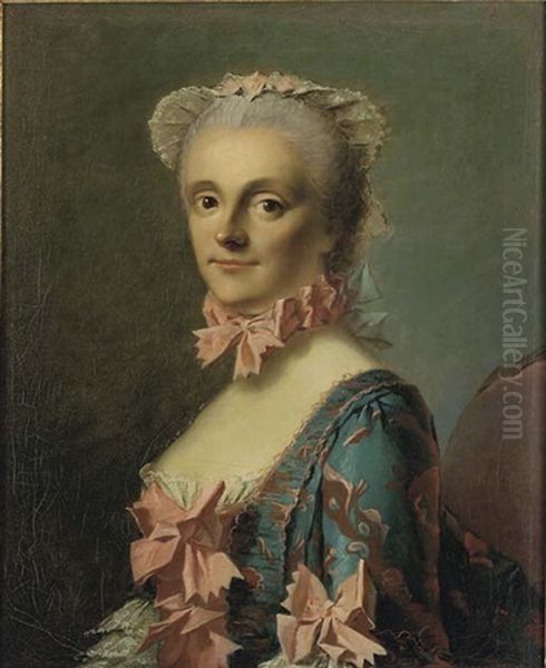 Portrait Of A Lady In A Blue And Pink Dress With A Pink Ribbon Oil Painting by Etienne Liotard