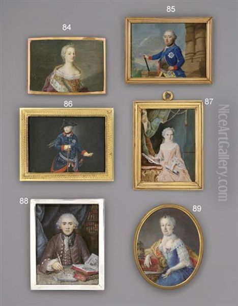 Maria Theresa Of Habsburg, Holy Roman Empress, In Lace-bordered White Silk Dress With Gold Bodice And Adorned With Jewelled Clasps, Ermine-bordered Purple Cloak And Jeweled Tiara Oil Painting by Etienne Liotard