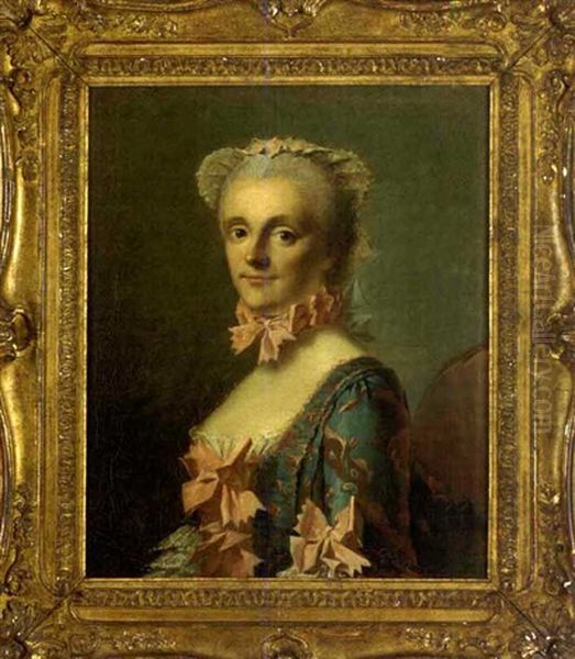 Portrait Of A Lady In A Blue And Pink Dress With A Pink Ribbon Oil Painting by Etienne Liotard