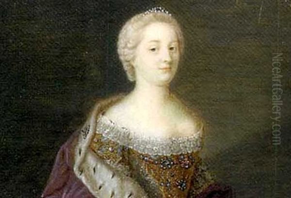 Maria Theresa Of Habsburg, Holy Roman Empress, In Lace-bordered White Silk Dress With Gold Bodice And Adorned With Jewelled Clasps, Ermine-bordered Purple Cloak ... Oil Painting by Etienne Liotard