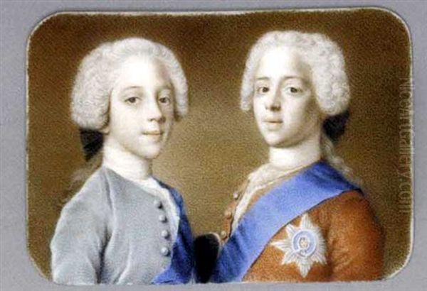 A Double Portrait Of Prince Charles Edward Stuart And Prince Henry Benedict Stuart  In Red Coat, Wearing The Blue Sash And Breast Star Of The Order Of The Garter ... Oil Painting by Etienne Liotard