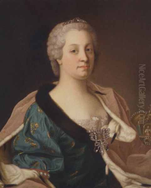 Portrait Of The Empress Maria Theresa In A Fur-lined Gown, Her Crown Beside Her Oil Painting by Etienne Liotard