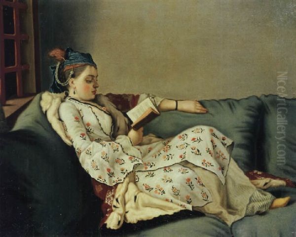 La Sultane Lisant, A Lady In Turkish Costume Reading On A Divan Oil Painting by Etienne Liotard