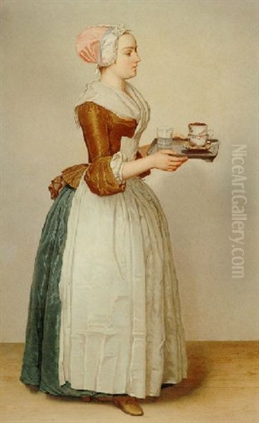Serving Woman Carrying A Tray With A Cup Of Hot Chocolate Oil Painting by Etienne Liotard