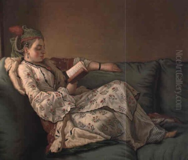 La Sultane Lisant: A Lady In Turkish Costume Reading On A Divan Oil Painting by Etienne Liotard