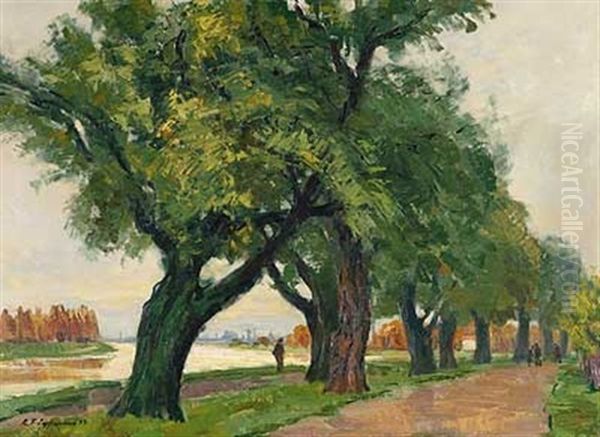 Blick Entlang Des Mains Uber Die Gerbermuhle Nach Offenbach Oil Painting by Karl Friedrich Lippmann