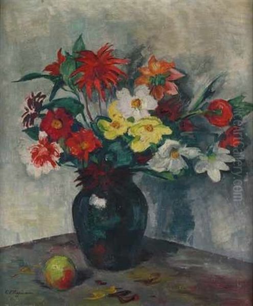 Stilleben Mit Herbstlichen Blumen In Einer Vase Und Einem Apfel Oil Painting by Karl Friedrich Lippmann