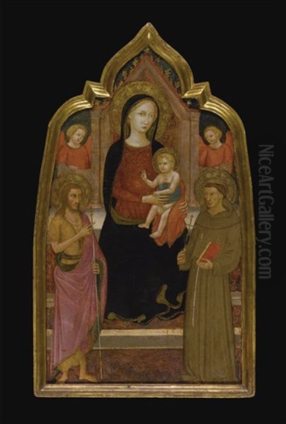 The Madonna And Child Enthroned With Saints John The Baptist And Francis Of Assisi And Two Angels Oil Painting by Lippo D`Andrea