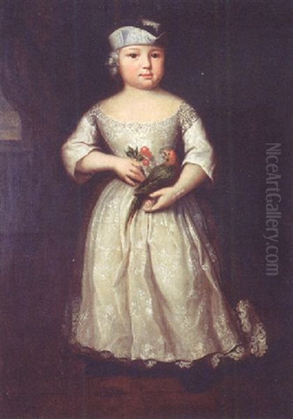 Portrait Of A Young Girl Wearing A White Silk Dress With A Feathered Cap, Holding A Parrot And A Twig Of Cherries Oil Painting by Franz Lippold