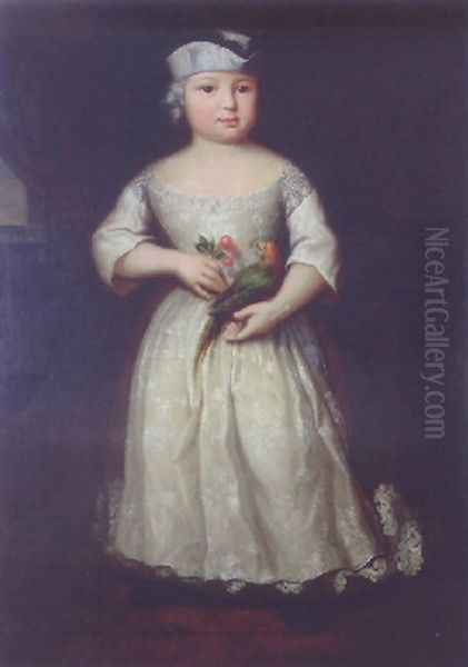 Portrait Of A Young Girl In An Interior By A Draped Window, Wearing A White Silk Dress Witrh A Feathered Cap Holding A Parrot Oil Painting by Franz Lippold