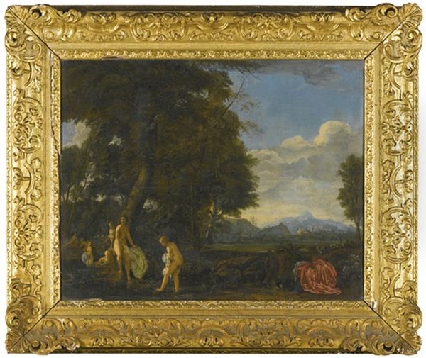 Nymphs Bathing In A Woodland Grotto Oil Painting by Dirck Van Der Lisse