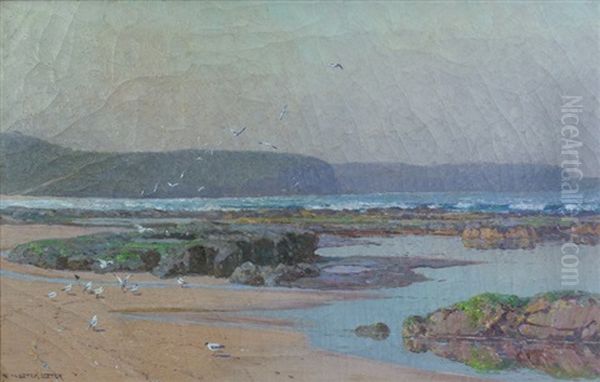 Beach Scene With Gulls, Probably Newport Oil Painting by William Lister-Lister