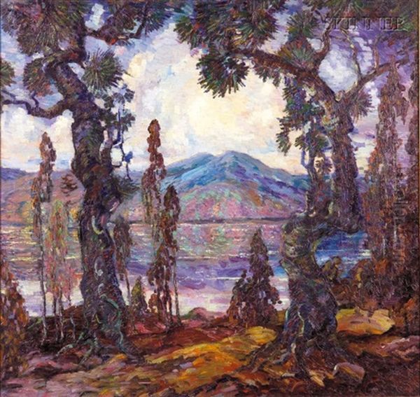 Mountain Lake Through The Pines Oil Painting by Dorothea M. Litzinger