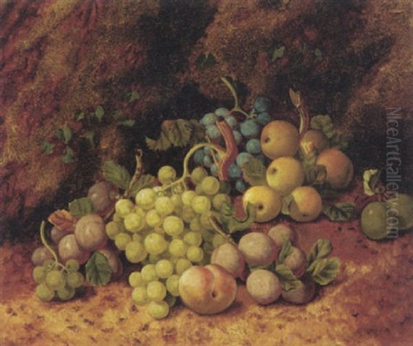 Plums, Apples, Grapes And A Peach, On A Mossy Bank Oil Painting by Henry John Livens