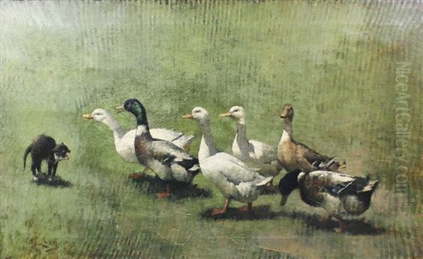 Ducks And Cat Oil Painting by Horace Mann Livens
