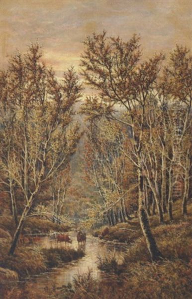 Kvaeg I Et Alob I Efterarsskoven Oil Painting by Horace Mann Livens