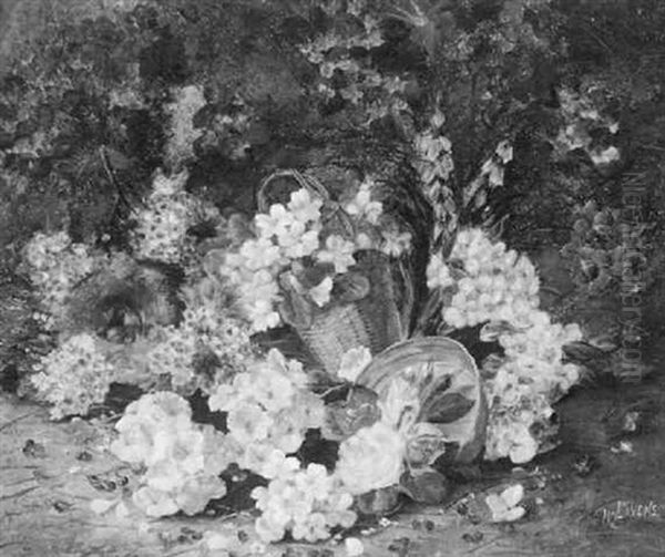 Baskets Of Flowers And A Nest Of Eggs On A Forest Floor Oil Painting by Horace Mann Livens