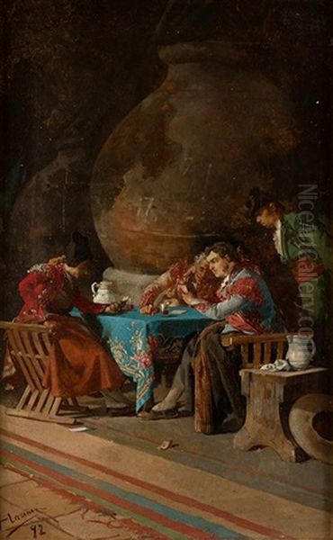 La Partida De Cartas En El Meson Oil Painting by Angel Lizcano Y Monedero
