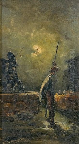 Don Quijote De La Mancha A La Luz De La Luna Oil Painting by Angel Lizcano Y Monedero