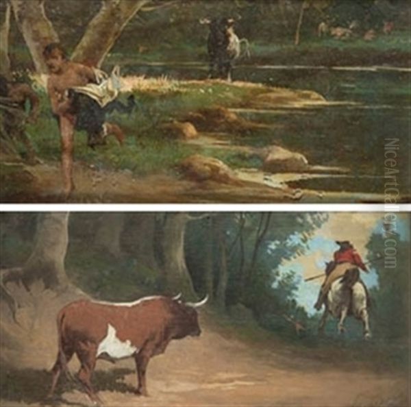 Escenas Con Toros (pair) Oil Painting by Angel Lizcano Y Monedero