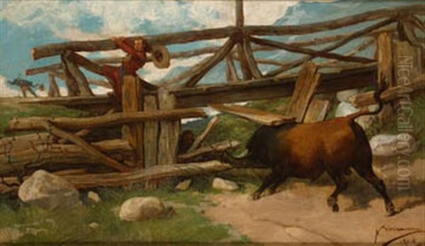 Toro Encorriendo A Los Muchachos Oil Painting by Angel Lizcano Y Monedero