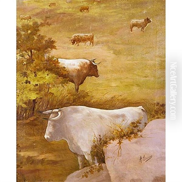 Toros En La Pradera Oil Painting by Angel Lizcano Y Monedero