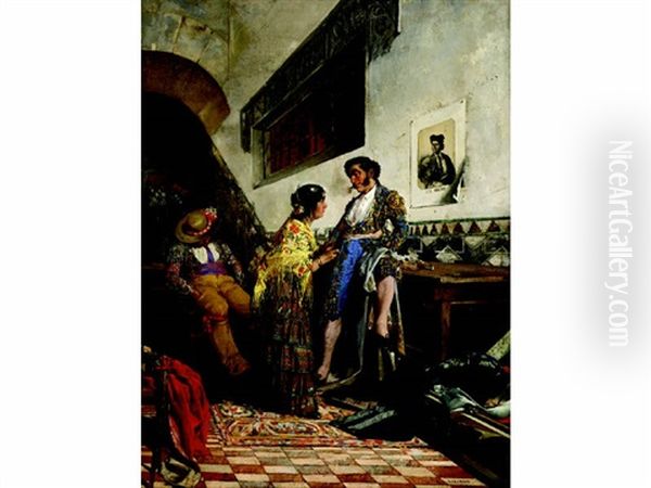 Spanish Figures Conversing While Another Sleeps Oil Painting by Angel Lizcano Y Monedero