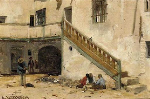 Boys Playing In A Sunny Street Oil Painting by Angel Lizcano Y Monedero