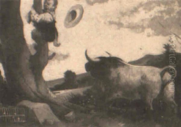 Nino Escapando Del Toro Oil Painting by Angel Lizcano Y Monedero