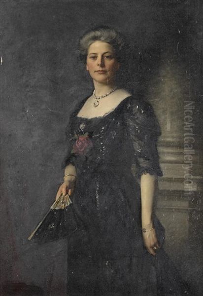 Portrait Of Lady Margaret, Baroness Harlech, Full-length, In A Black Dress Holding A Fan Oil Painting by William Samuel Henry Llewellyn