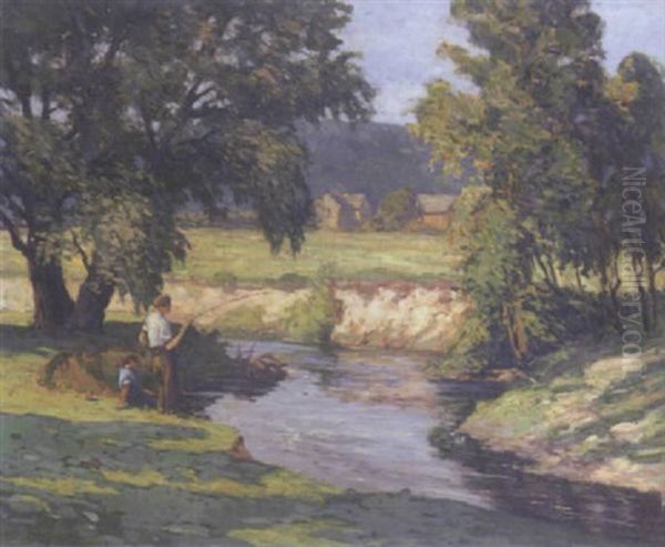 Boys Fishing On A Summer's Day Oil Painting by Frank Edward Lloyd