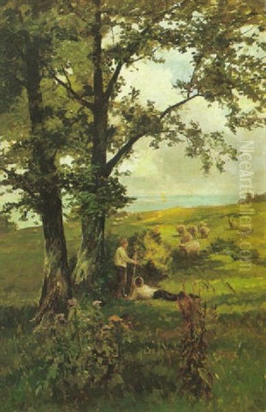 Shepherds And Their Flock Resting Under A Tree, On The Isle Of Wight Oil Painting by Thomas Lloyd