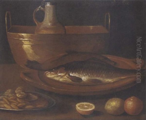 Fish On An Earthenware Platter, A Pitcher In A Copper Urn, A Dish Of Nuts, With Oranges And A Lemon On A Ledge Oil Painting by Alessandro de Loarte