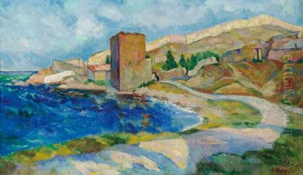 View Of Justinian's Tower, Feodosia Oil Painting by Sergei Ivanovich Lobanov