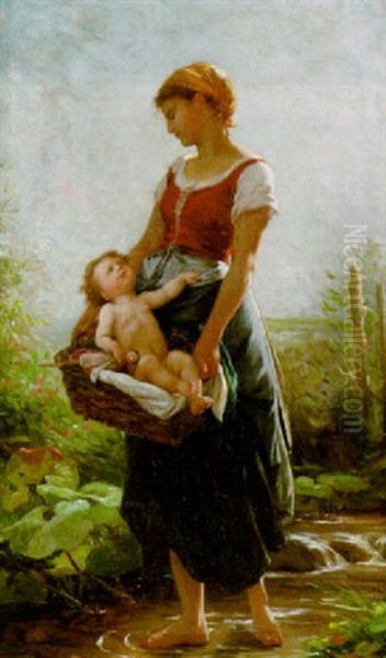 Junge Mutter Mit Ihrem Kind Im Weidekorb Oil Painting by Timoleon Marie Lobrichon