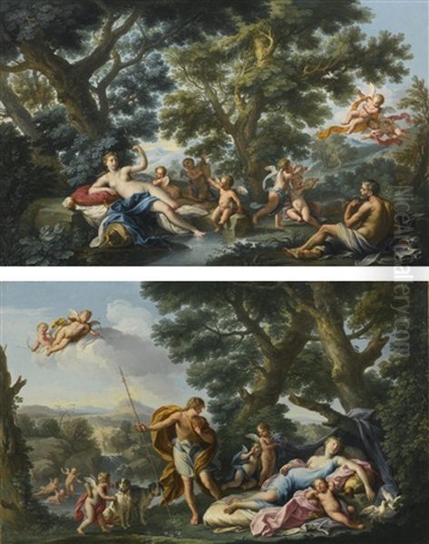 Venus And Vulcan; Venus And Adonis Oil Painting by Andrea Locatelli