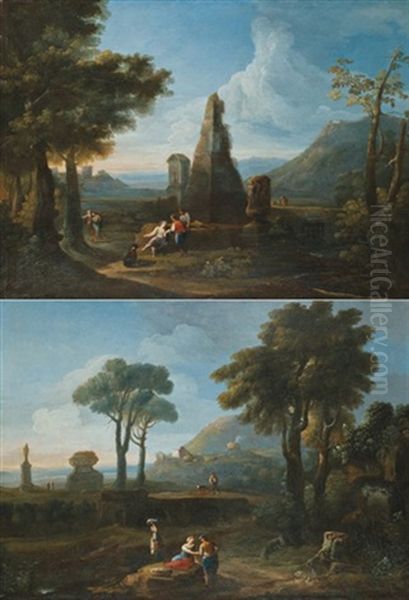 Personnages Dans Un Paysage De Ruines (+ Another, Similar; Pair) Oil Painting by Andrea Locatelli