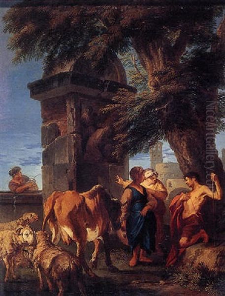 Peasants And Animals Resting Near A Funerary Monument Oil Painting by Andrea Locatelli