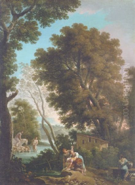 An Arcadian Landscape With Washerwomen, A Shepherd And Shepherdess Crossing A Stream Beyond Oil Painting by Andrea Locatelli