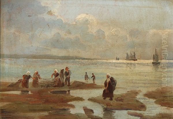 Fishwives And Fishermen Tending To Nets On The Beach Of Hornbaek, North Sealand Oil Painting by Carl Locher