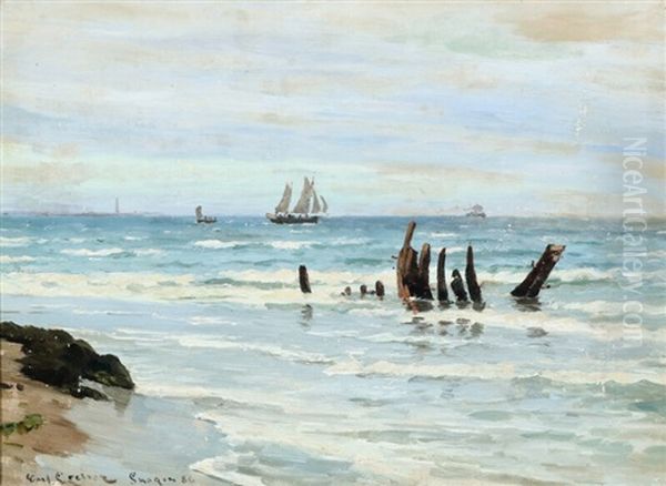 Coastal Scenery From Skagen Sonderstrand With Shipwreck In The Water Oil Painting by Carl Locher