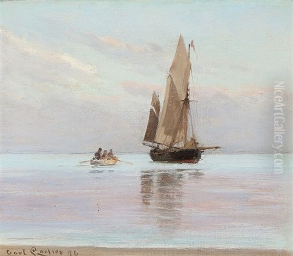 A Rowboat With Passengeres Sailing Away From A Ship Oil Painting by Carl Locher