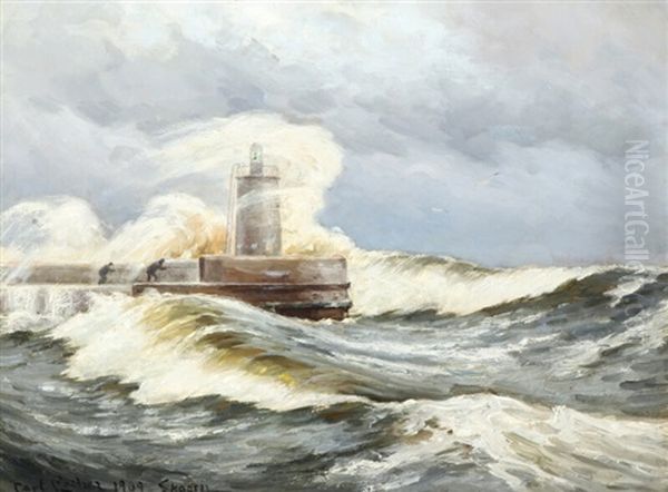 Stormy Day At Skagen With Waves Sweeping Over The Pier Oil Painting by Carl Locher