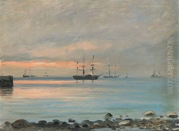 Ships In The Sunset Oil Painting by Carl Locher