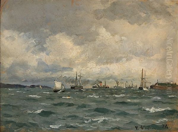 Ships On The Sea With The Castle Kronborg In The Distance Oil Painting by Carl Locher