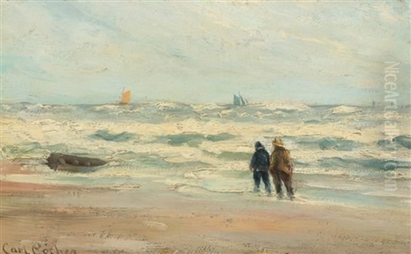 Fishermen On The Beach By Skagen Oil Painting by Carl Locher