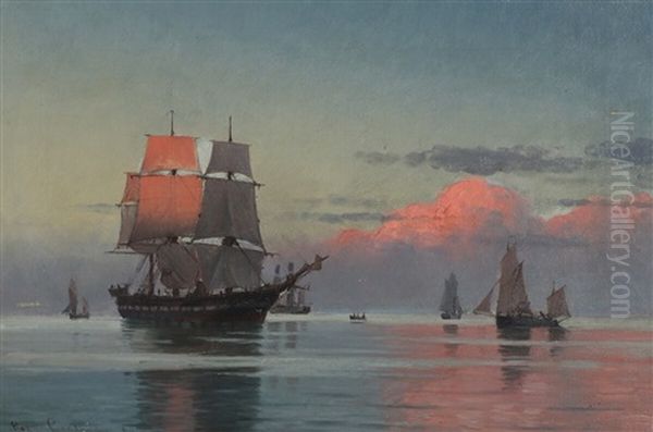 Seascape With Sailing Ships Oil Painting by Carl Locher
