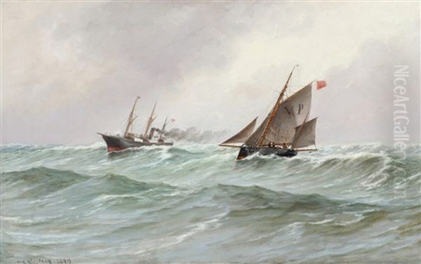 Seascape With Danish Pilot Boat And Steam Boat Oil Painting by Carl Locher