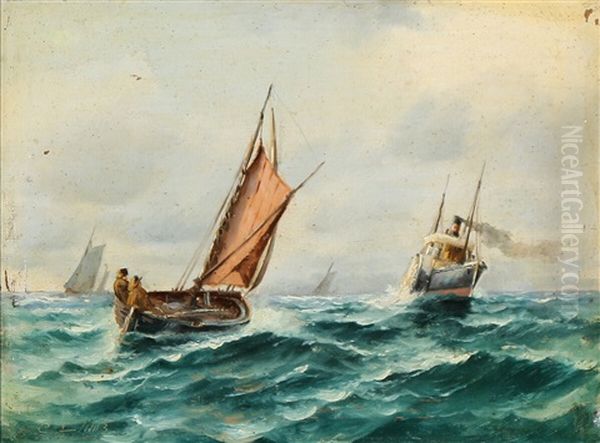 A Sailing Boat And A Paddle Steamer In Windy Weather Oil Painting by Carl Locher